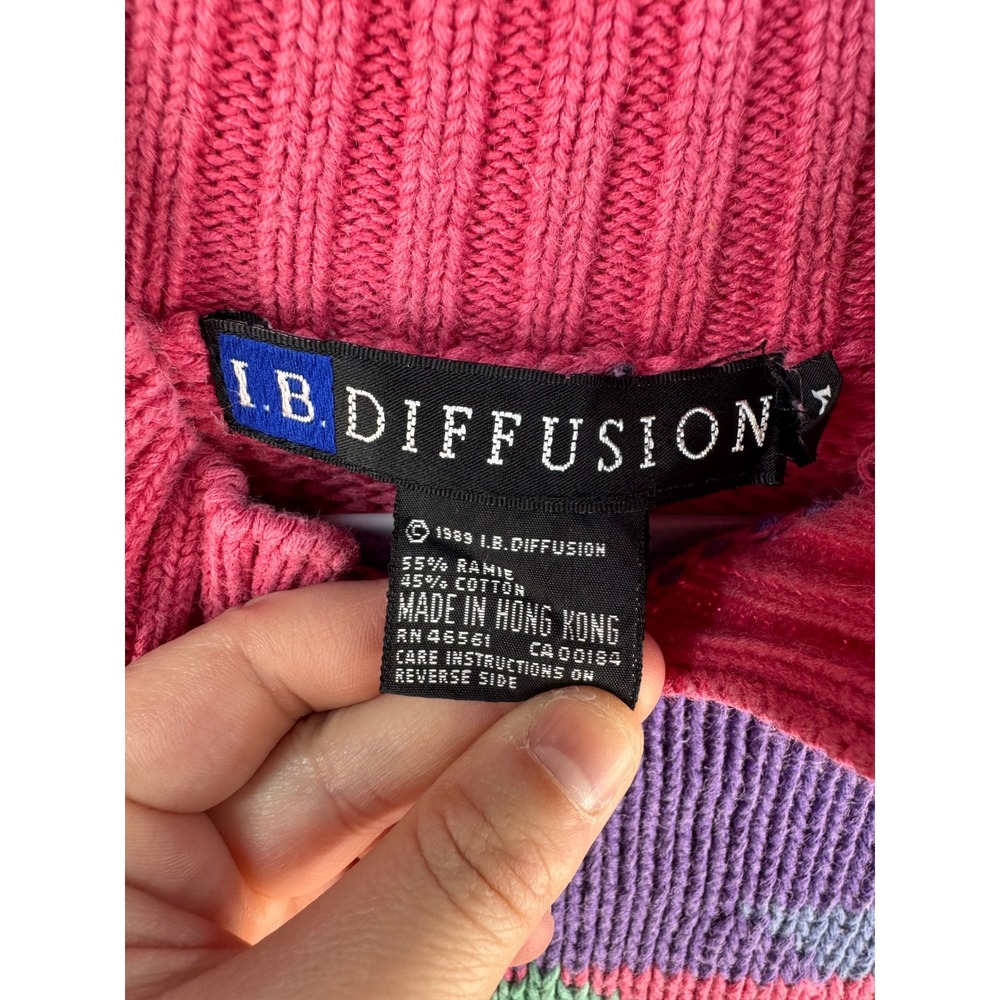 Vintage 1989 I.B. Diffusion Pink Geometric Intarsia Ramie Cotton Sweater Medium - Picture 7 of 10